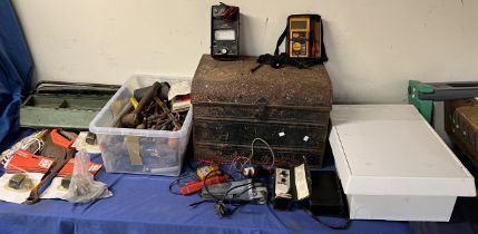 A toolbox together with a box of tools, tin trunk, testers,