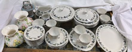 A Royal Doulton Burgundy pattern part tea and dinner service together with a pair of pottery pouch