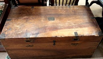 A Camphor wood campaign coffer of rectangular form with brass fittings and recessed handles