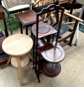 An oak elbow chair together with a double sided folding cake stand,