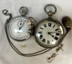 A silver plated open faced pocket watch, together with a stop watch, rings,