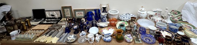 An extensive lot including a 19th century English porcelain twin handled vase together with copper