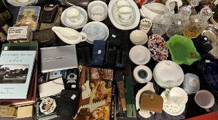 Glass decanters together with pottery bowls, binoculars,