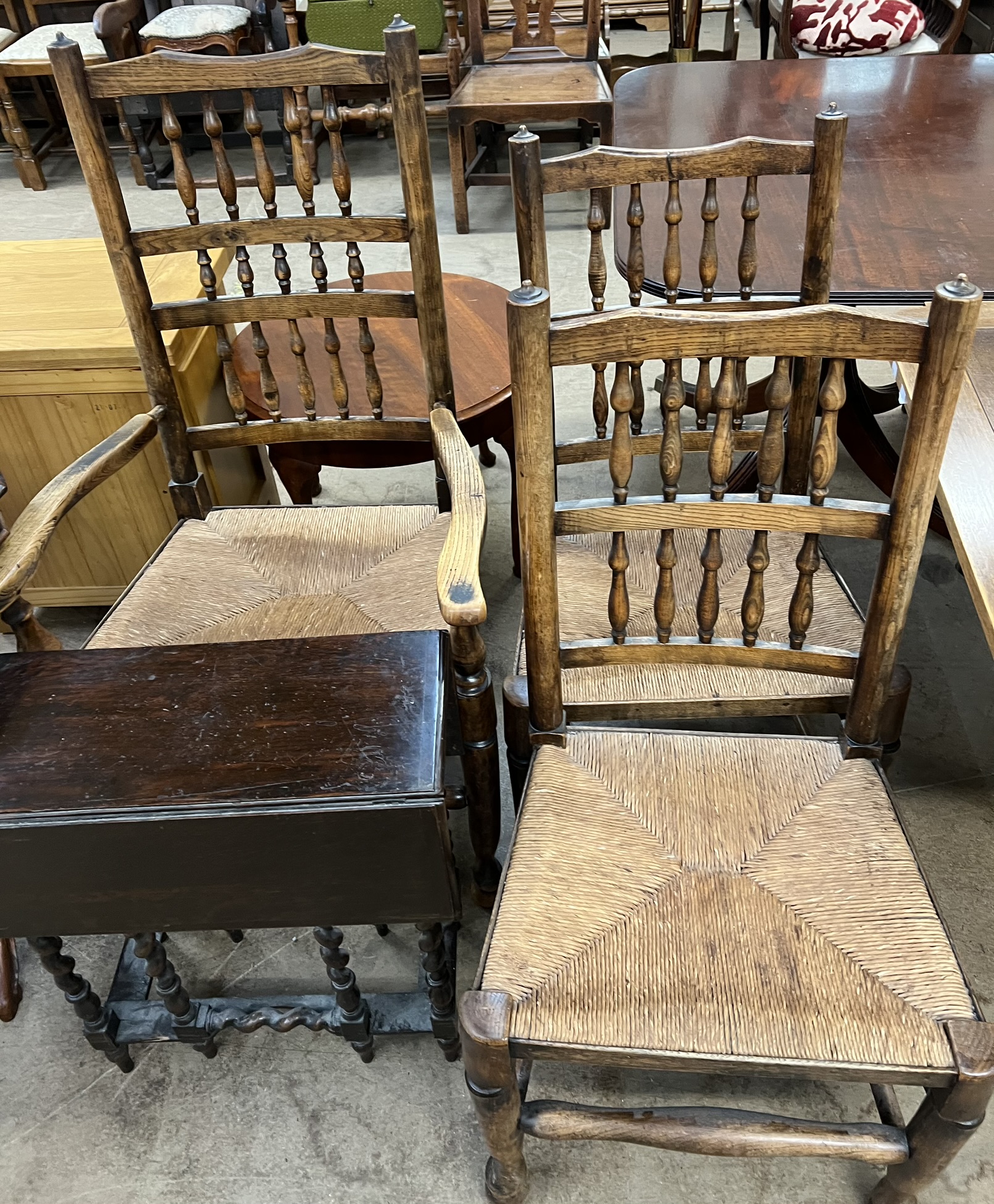 An oak drawleaf dining table together with five spindle back dining chairs and a small drop leaf - Image 2 of 3