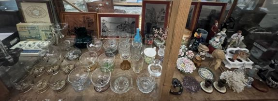 Various glass sundae dishes together with stainless steel pictures, pottery flower, figures,