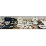 Cased electroplated cake forks and cased tea spoons together with Royal Worcester mugs,