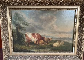 19th century British School A study of cattle and sheep Oil on board