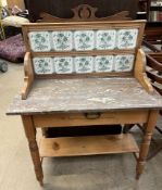 A Satin walnut marble topped washstand on turned legs united by a board