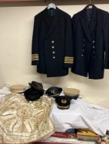 A Naval uniform together with a blazer, Naval hats,