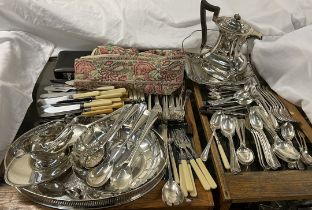 Assorted electroplated flatwares together with a hot water pot, tray,