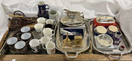 Two electroplated twin handled trays together with other electroplated wares including coasters,