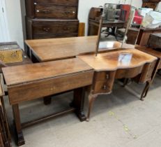 An oak hall table with drop flaps on stiles together with a walnut dressing table