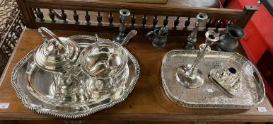 An electroplated platter together with an electroplated tray, electropolated kettle on stand,
