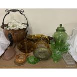 A copper basket with wrought iron handle and legs together with a carnival glass bowl and other