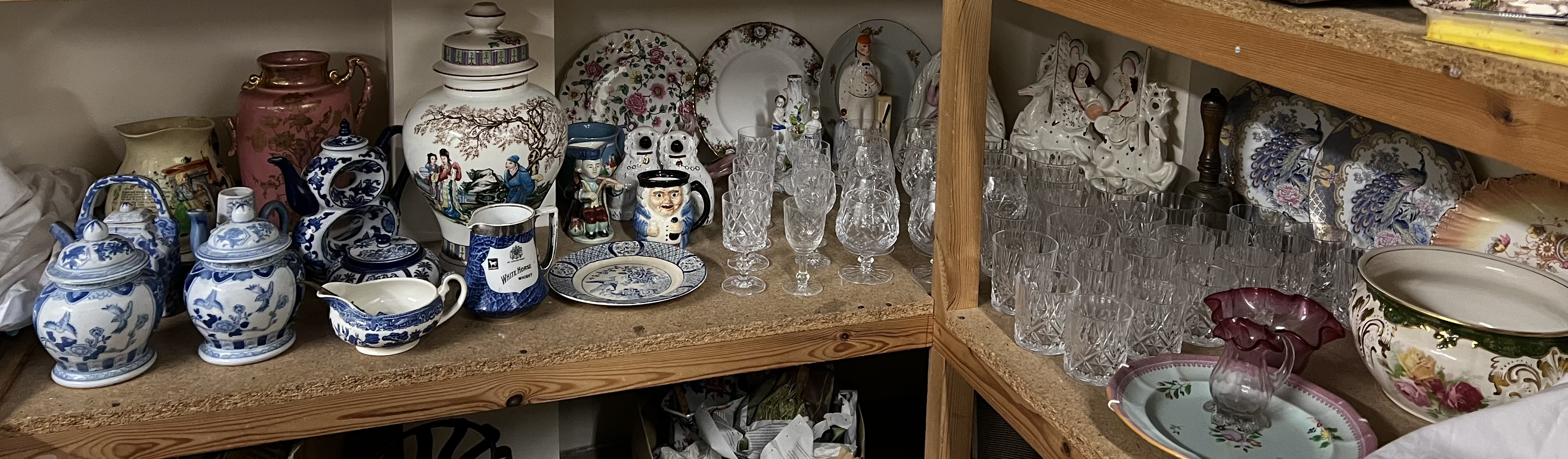 Staffordshire and Staffordshire type flat back figures together with drinking glasses, vases,