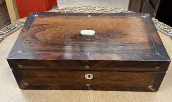 A Victorian rosewood jewellery box with mother of pearl inlay