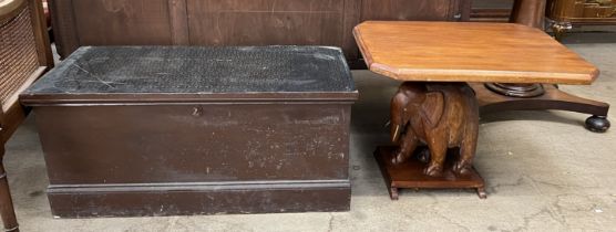 A pine coffer with a rectangular moulded top together with a hardwood coffee table with an elephant