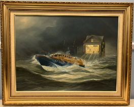 Derek Scott Launching lifeboat Oil on canvas Signed
