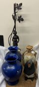 A pair of blue glaze pottery vases together with a bronze effect table lamp,