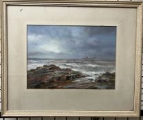 Richard Short A rocky coast line with a ship in the background Oils Signed