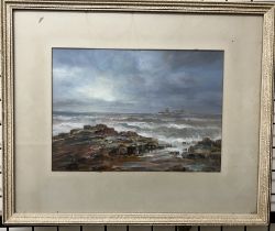 Richard Short A rocky coast line with a ship in the background Oils Signed