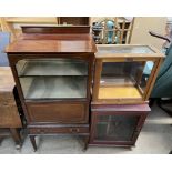 An Edwardian mahogany display cabinet together with a laboratory scales case and a record cabinet