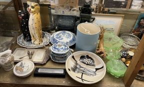 Assorted blue and white pottery together with glass dishes,