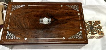 A Victorian Rosewood and mother of pearl inlaid jewellery box together with a bone inlaid box and