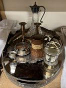 An electroplated twin handled gallery tray together with a salver, desk clock, bottle coasters,