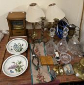 An oak cased smokers cabinet together with a miners lamp, glass decanters, tongs, bell pull,