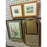 Muriel Perry Foxgloves Watercolour Signed Together with two tapestry pictures and a gilt wall