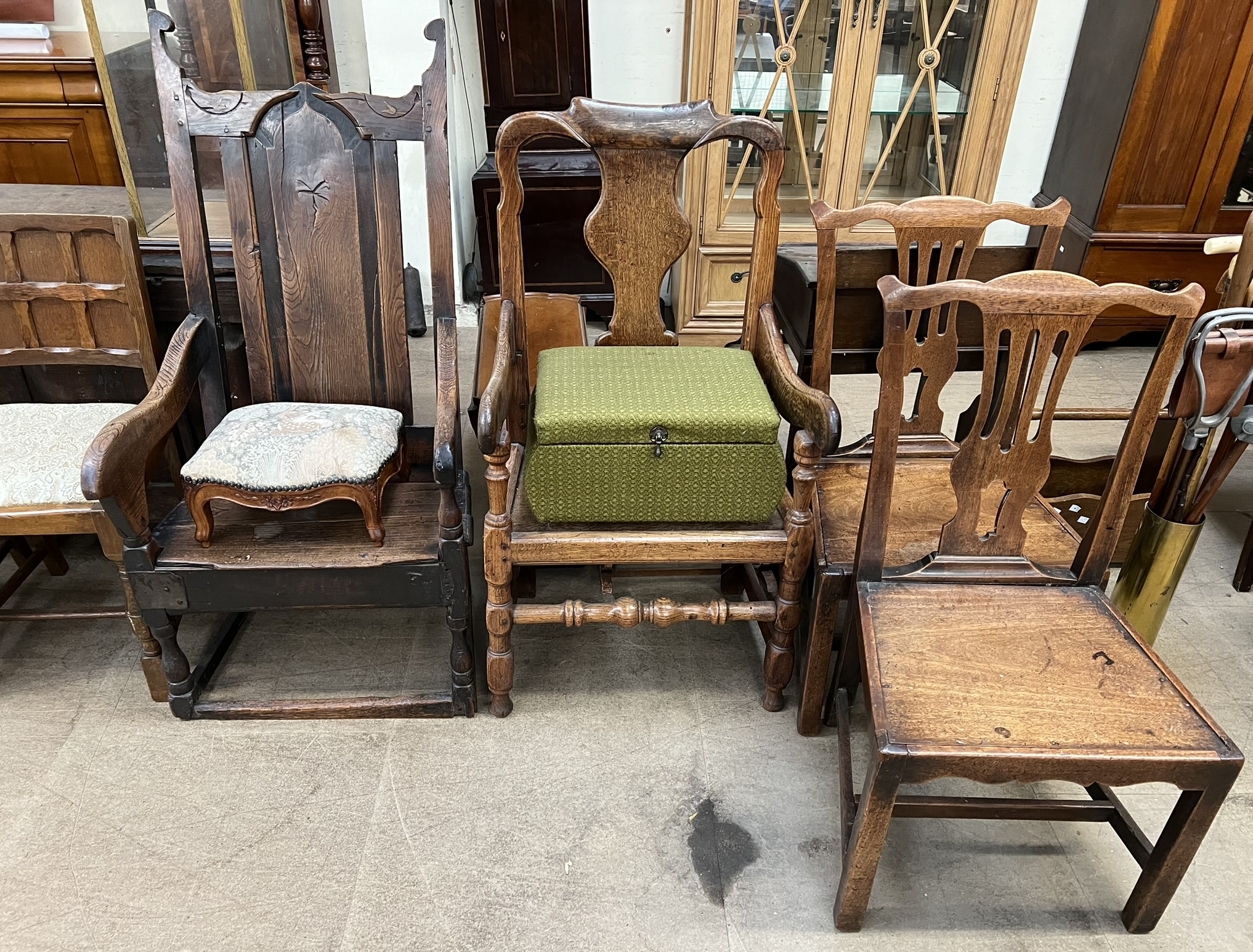 An 18th century oak elbow chair together with two George III dining chairs, an 18th century chair, - Image 3 of 3