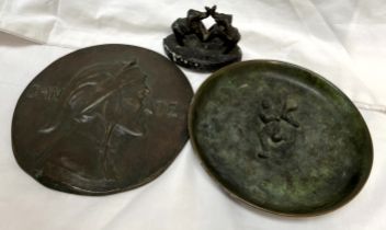 A 19th century Dante bronze plaque together with a bronze dish depicting a tennis player and a