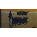 Donald McIntyre Holding the boat Acrylics Initialled Label verso 9 x 17cm ***Artists Resale Rights