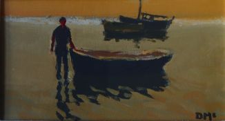 Donald McIntyre Holding the boat Acrylics Initialled Label verso 9 x 17cm ***Artists Resale Rights