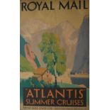 Royal Mail poster for "Atlantis" Summer Cruises depicting a cabin by a lake in a mountainous