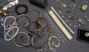 Silver bracelets together with assorted costume jewellery including beaded necklaces, bracelets,