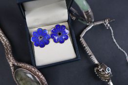 A pair of David Andersen silver and blue enamel floral clip on earrings,