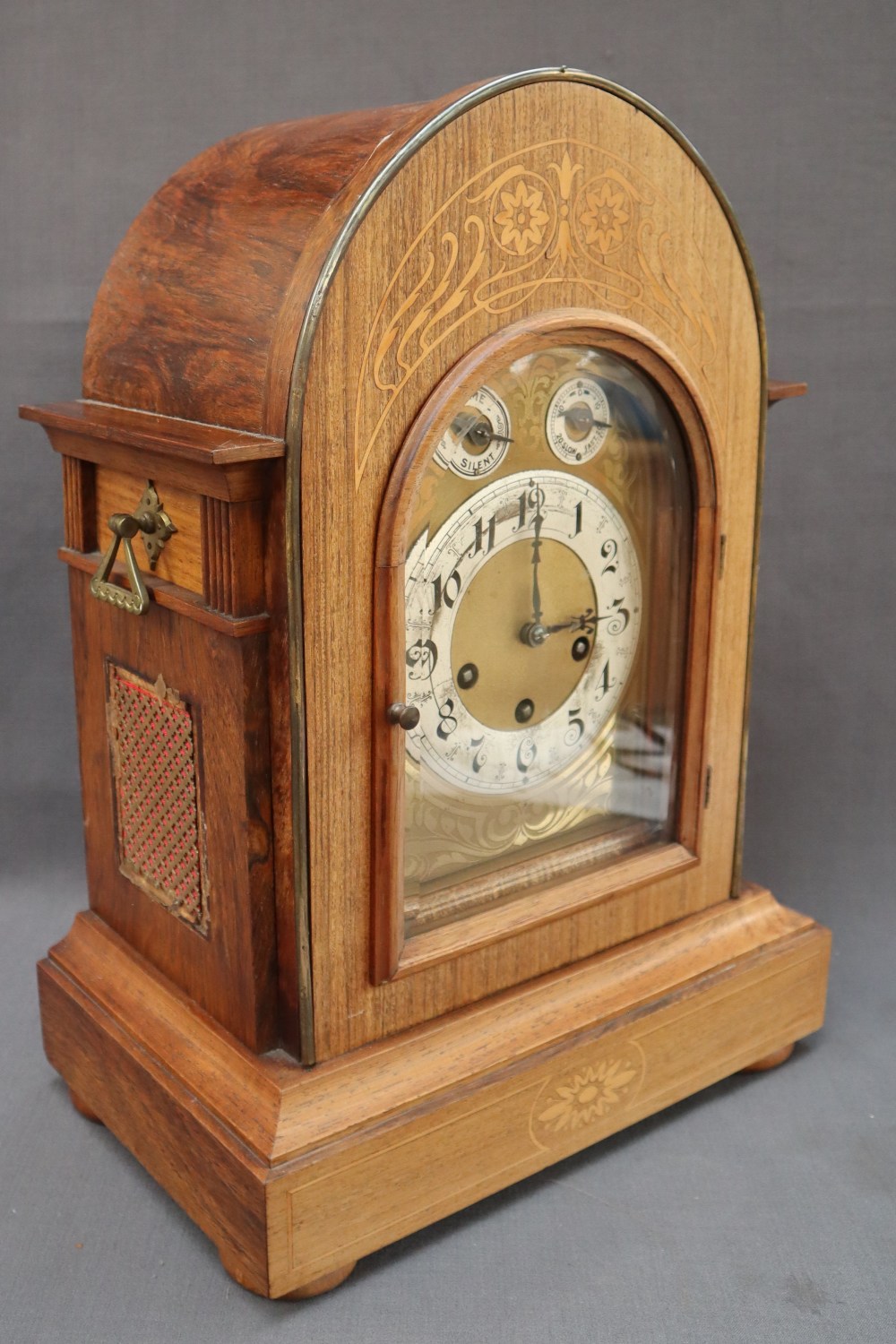 A 19th century rosewood mantle clock, of pointed form, with brass carrying handles, - Image 6 of 6