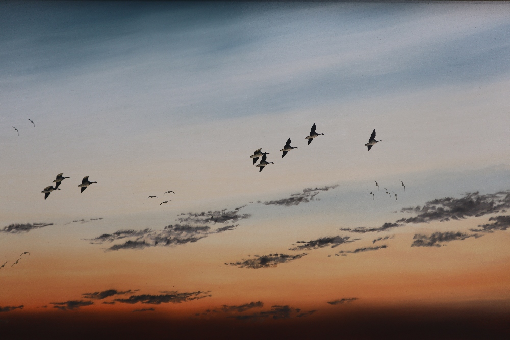 Jos Hilliard Geese in flight over a Foreshore Oil on board Signed 37 x 75cm ***Artists Resale - Image 3 of 5