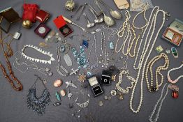 Assorted costume jewellery including faux pearls, various necklaces, electroplated flatwares,