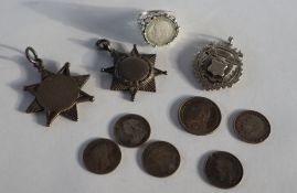A collection of silver medallions together with a 1932 three pence coin in a silver ring mount and