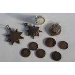 A collection of silver medallions together with a 1932 three pence coin in a silver ring mount and