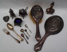 A George VI silver pepperette together with a silver spoon and fork, silver salt spoons,