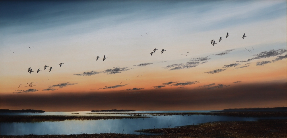 Jos Hilliard Geese in flight over a Foreshore Oil on board Signed 37 x 75cm ***Artists Resale
