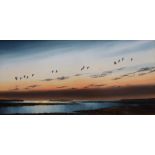 Jos Hilliard Geese in flight over a Foreshore Oil on board Signed 37 x 75cm ***Artists Resale