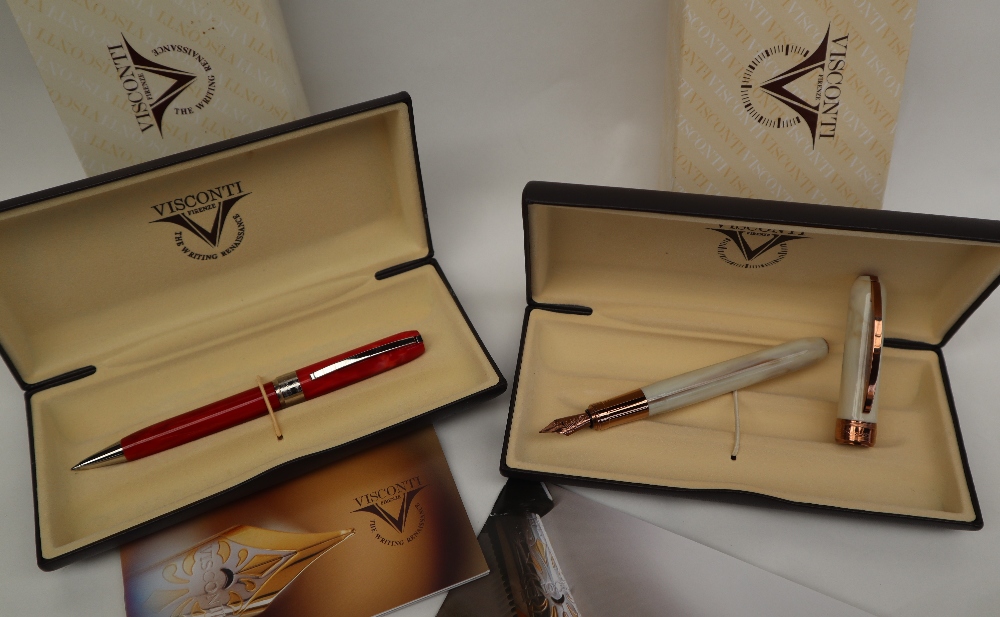 A Visconti Rembrandt white marbled fountain pen together with a Visconti Rembrandt red marbled