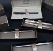 A Parker IM series fountain pen with a line decorated body together with a brushed steel Parker