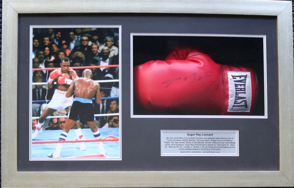 Sugar Ray Leonard a framed montage, including a signed boxing glove and an action photograph, - Image 2 of 3