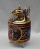 A Vienna style porcelain lidded jug painted with a central panel depicting maidens, cupid,